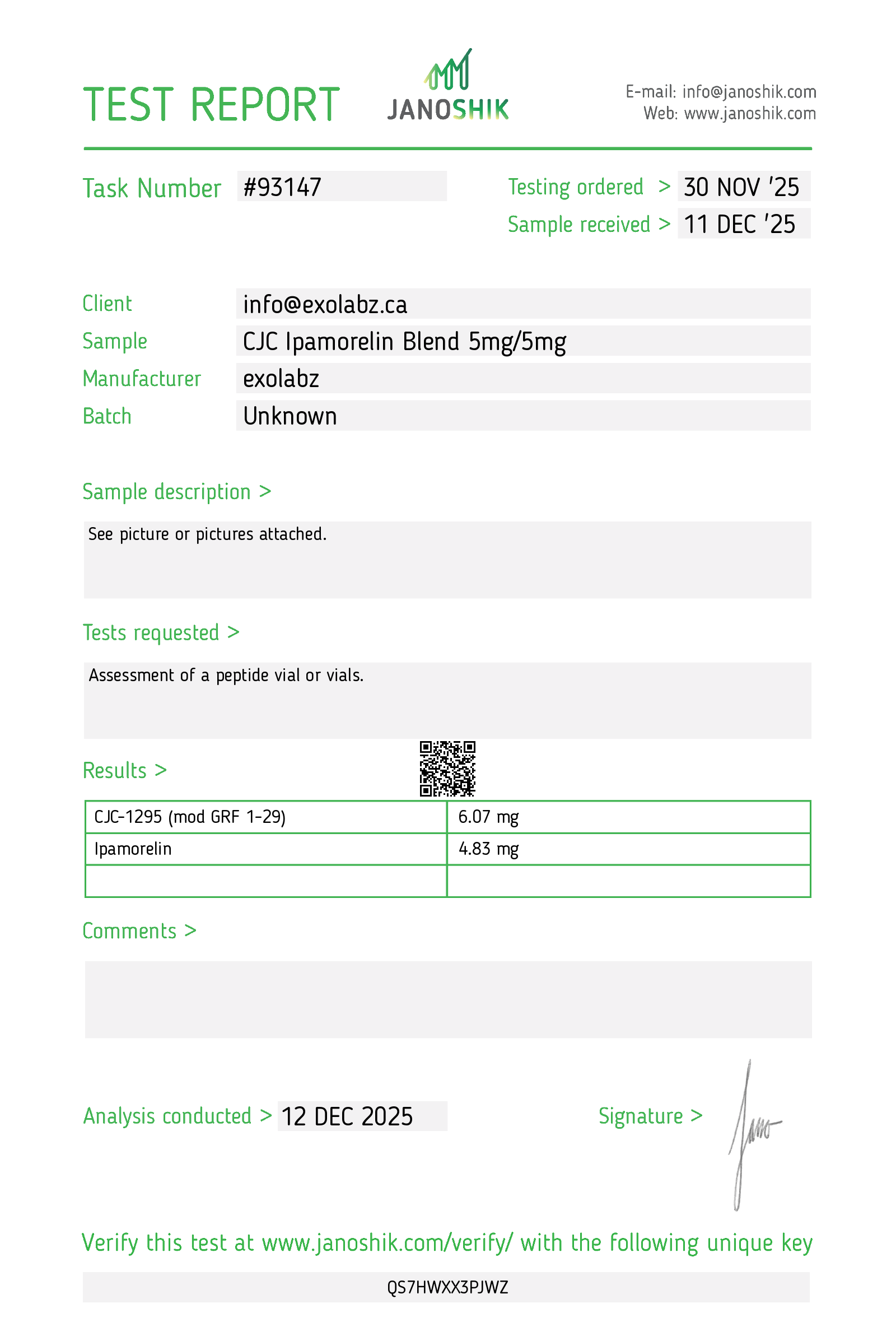 Janoshik lab report 93147 measuring CJC-1295 and ipamorelin separately in the ExoLabz 10mg blend