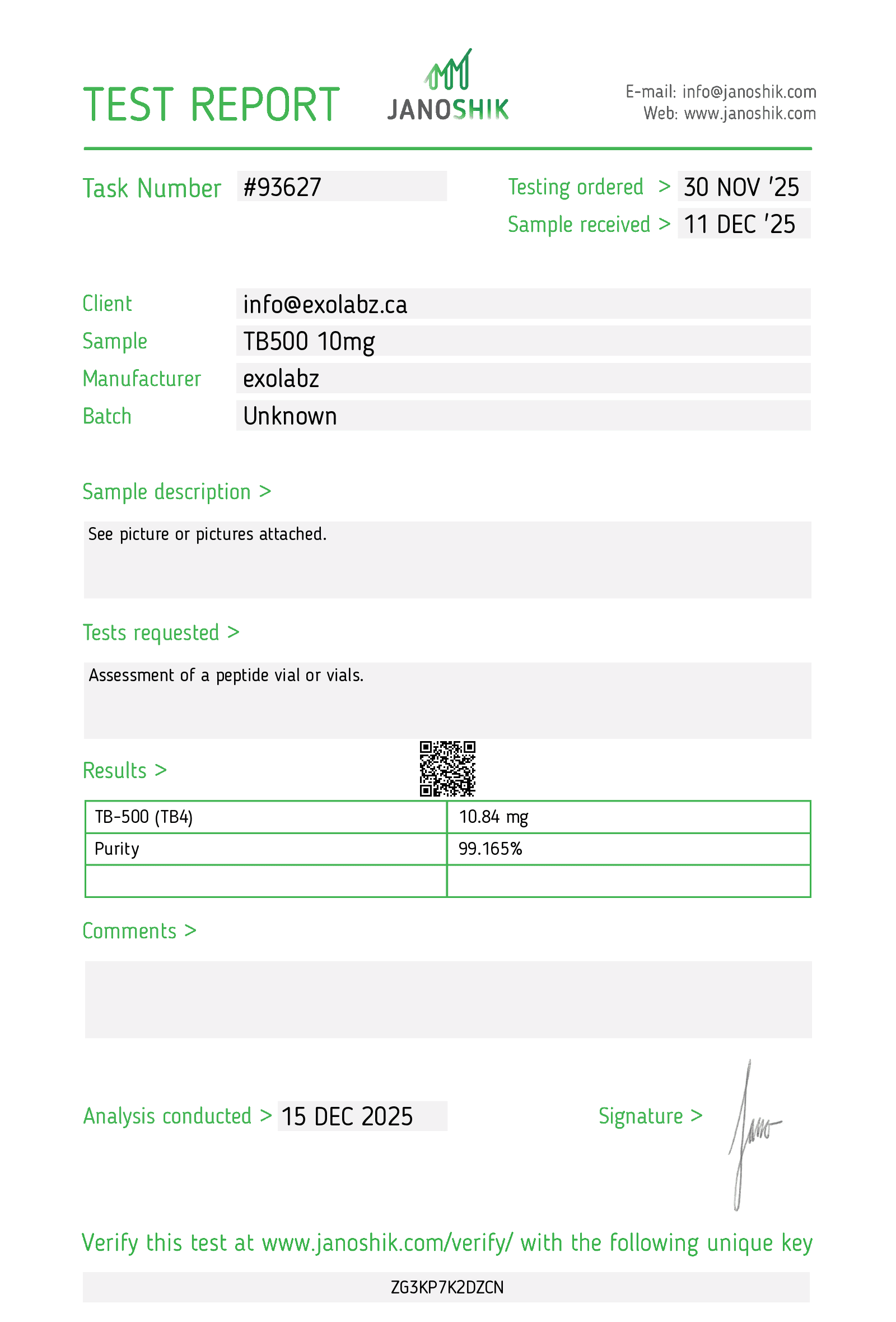 Third-party Janoshik lab report 93627 for TB-500 10mg from ExoLabz with purity 99.165 percent