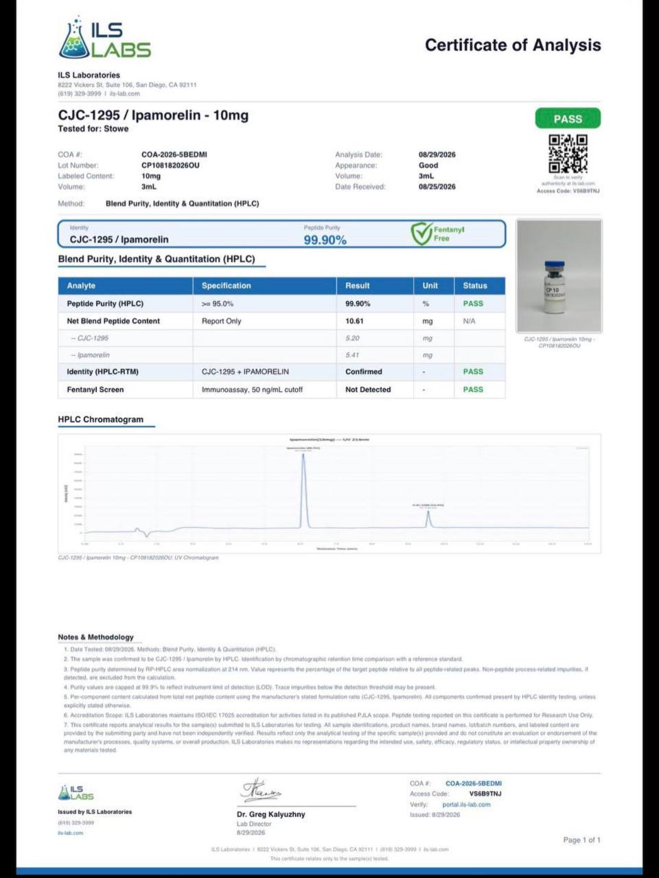 ILS Labs certificate of analysis 5BEDMI, CJC-1295 and ipamorelin 10mg blend, 99.90 percent purity with vial photo