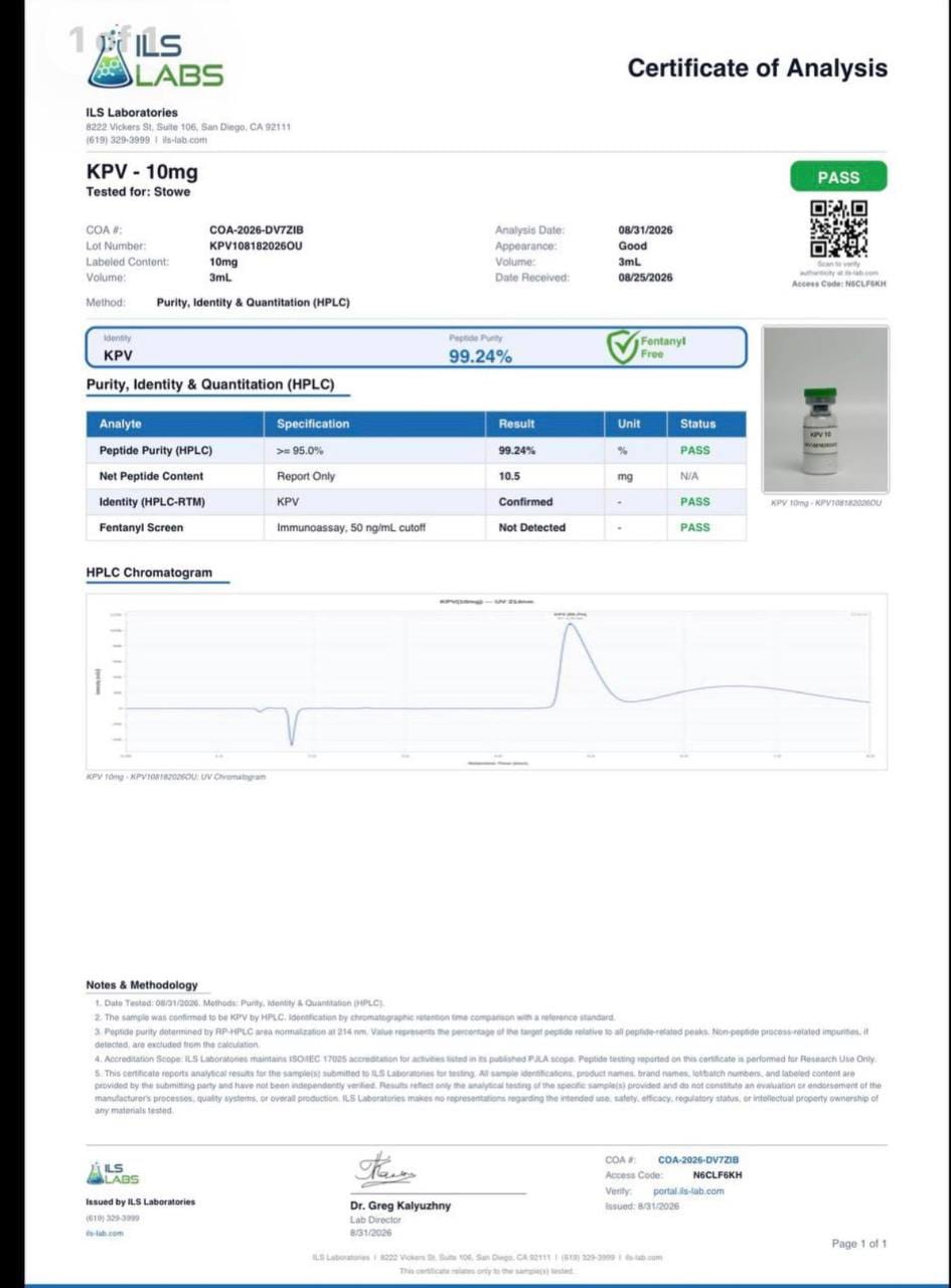 ILS Labs certificate DV7ZIB for KPV 10mg, 99.24 percent purity, with chromatogram and tested vial photo