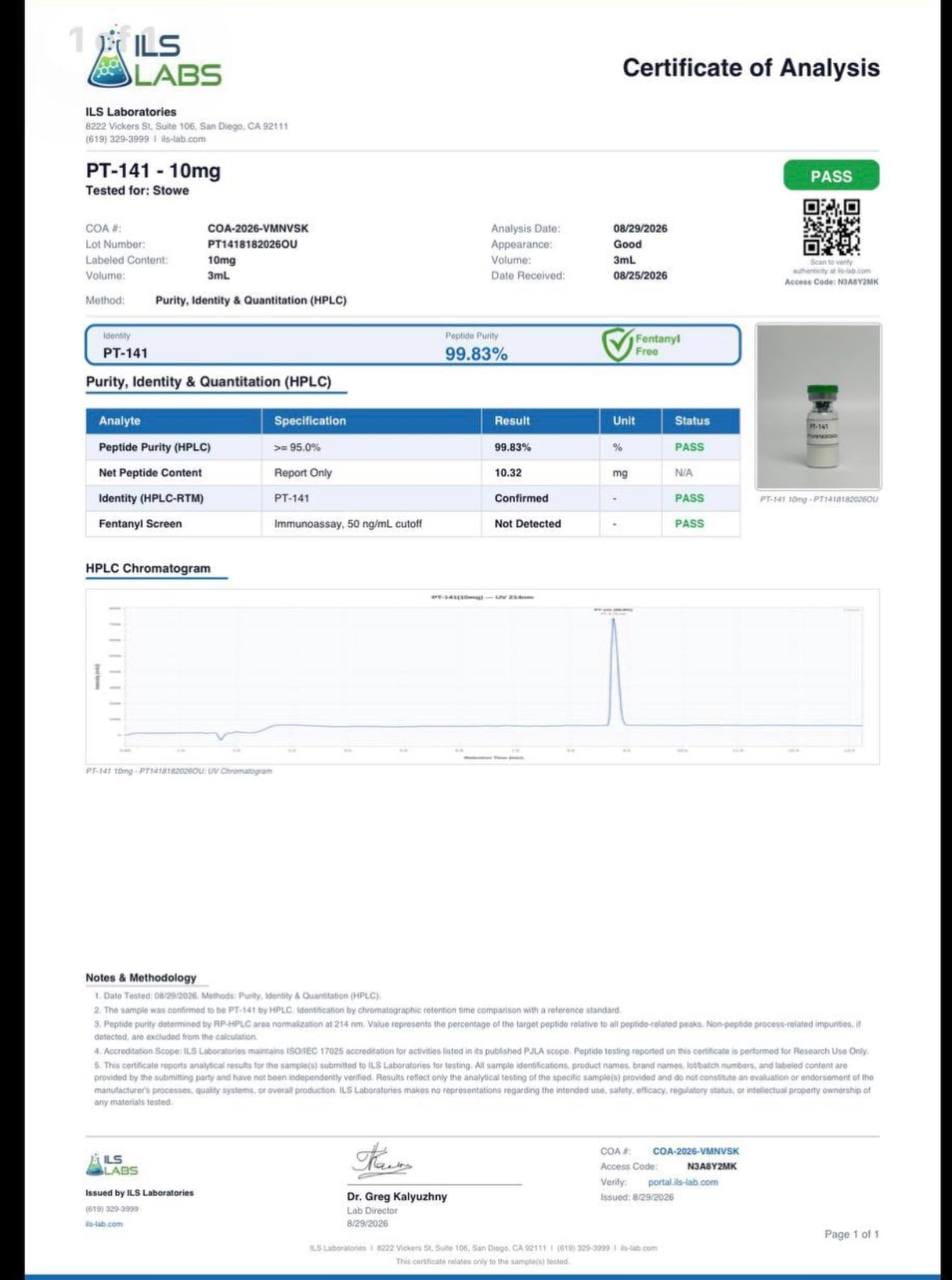 Third-party ILS Labs report VMNVSK for PT-141 10mg at 99.83 percent purity, with photo of the tested vial